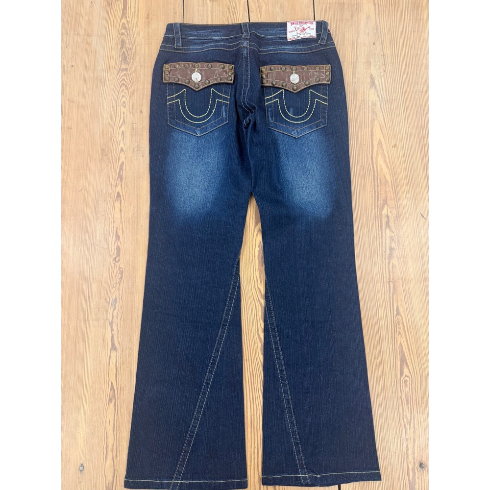 True Religion Joey Flare Jeans Dark Wash Studded Leather Trim Womens 30‎